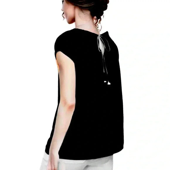 Ann Taylor LOFT Black Tassel Tie Back Short Sleeve Top Knit Blouse Women’s Small - Picture 1 of 9